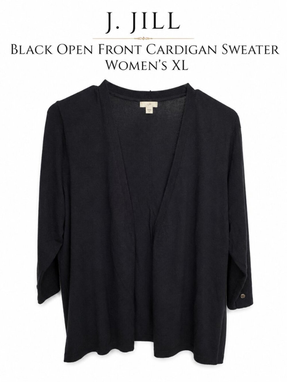 J. Jill Black Open Front Cardigan Sweater Women’s XL Lightweight 3/4 Sleeve
